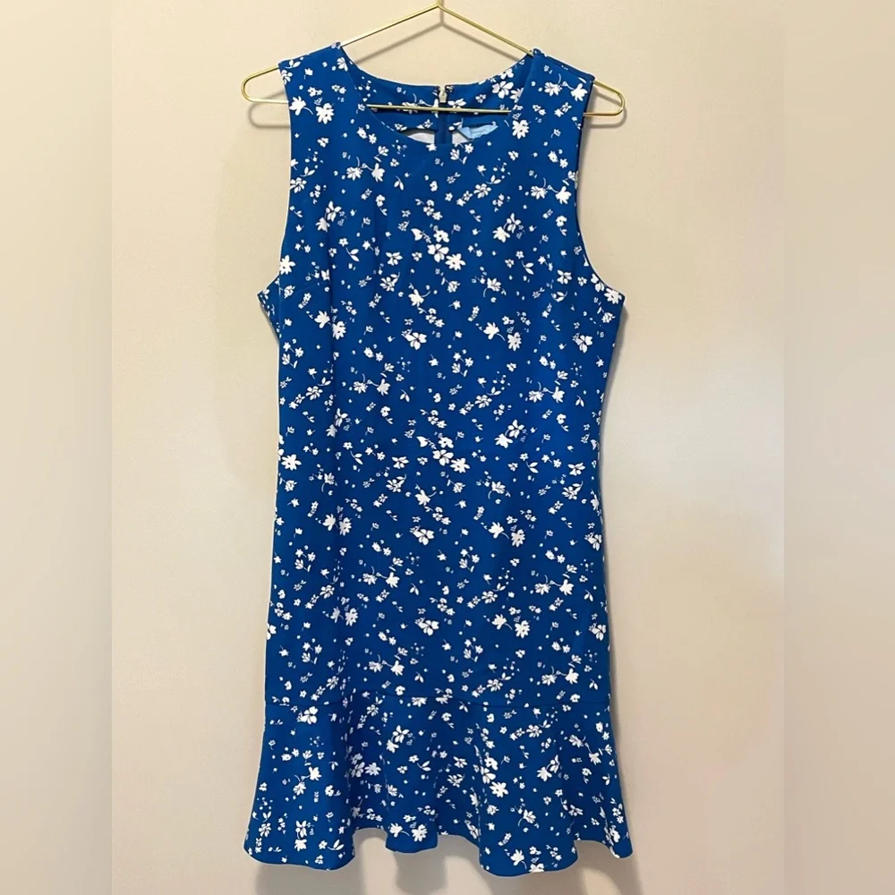 SOLD Draper James Blue & White Floral Ponte Sheath Flare Dress - Picture 3 of 9